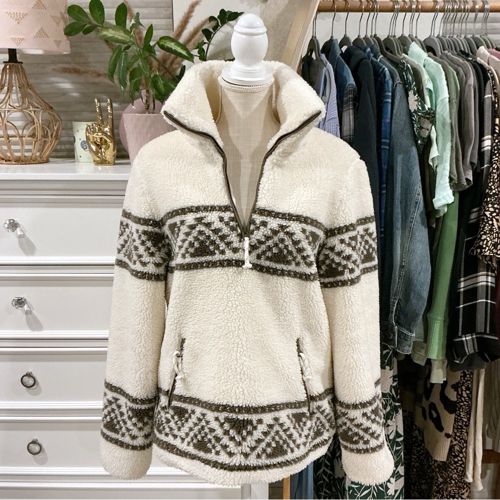 Faherty | Cream & Brown Sherpa Teddy Half Zip Jacket size Medium